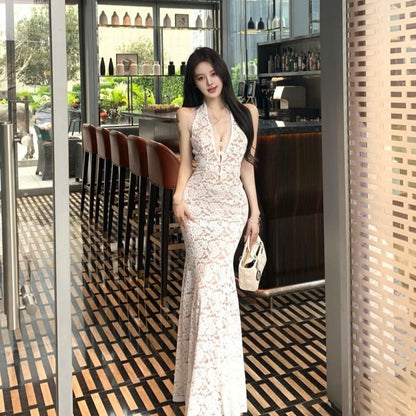Button-Up Halter Neck Lace Mermaid Maxi Dress