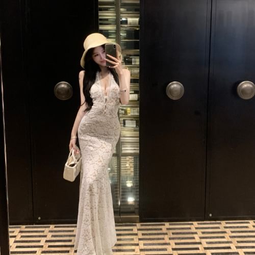 Button-Up Halter Neck Lace Mermaid Maxi Dress