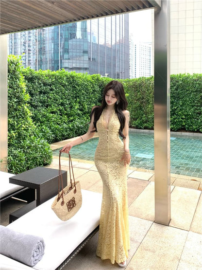 Button-Up Halter Neck Lace Mermaid Maxi Dress
