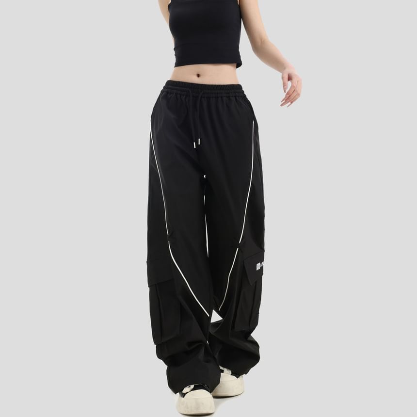 Couple Matching Drawstring Waist Contrast Trim Wide Leg Cargo Pants