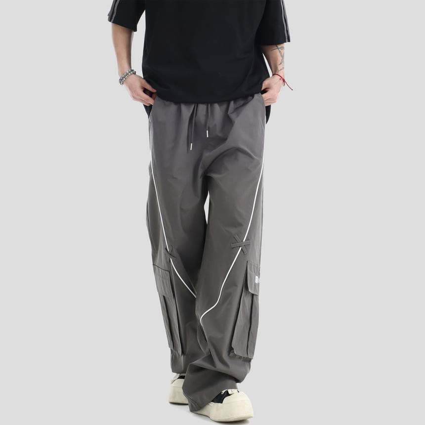 Couple Matching Drawstring Waist Contrast Trim Wide Leg Cargo Pants