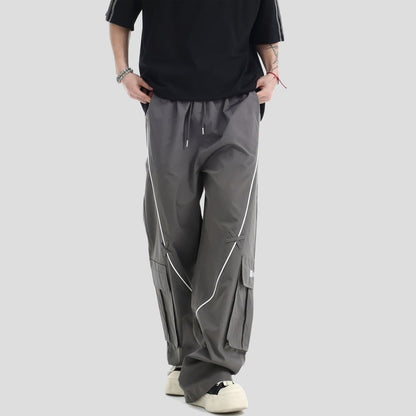 Couple Matching Drawstring Waist Contrast Trim Wide Leg Cargo Pants