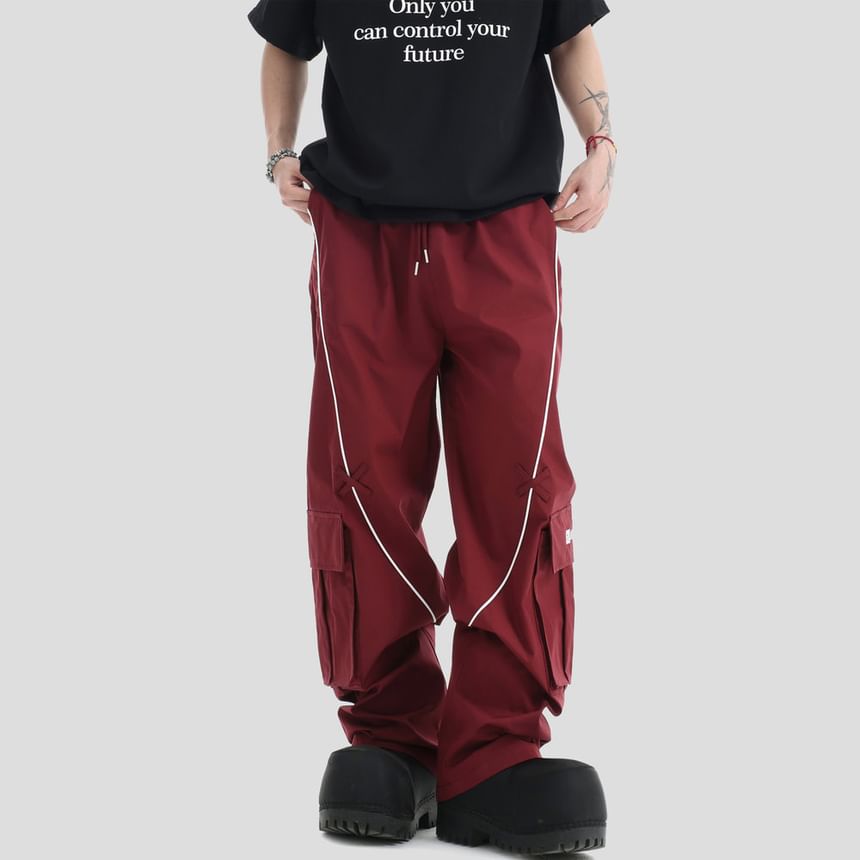 Couple Matching Drawstring Waist Contrast Trim Wide Leg Cargo Pants