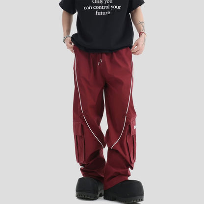 Couple Matching Drawstring Waist Contrast Trim Wide Leg Cargo Pants