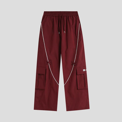 Couple Matching Drawstring Waist Contrast Trim Wide Leg Cargo Pants