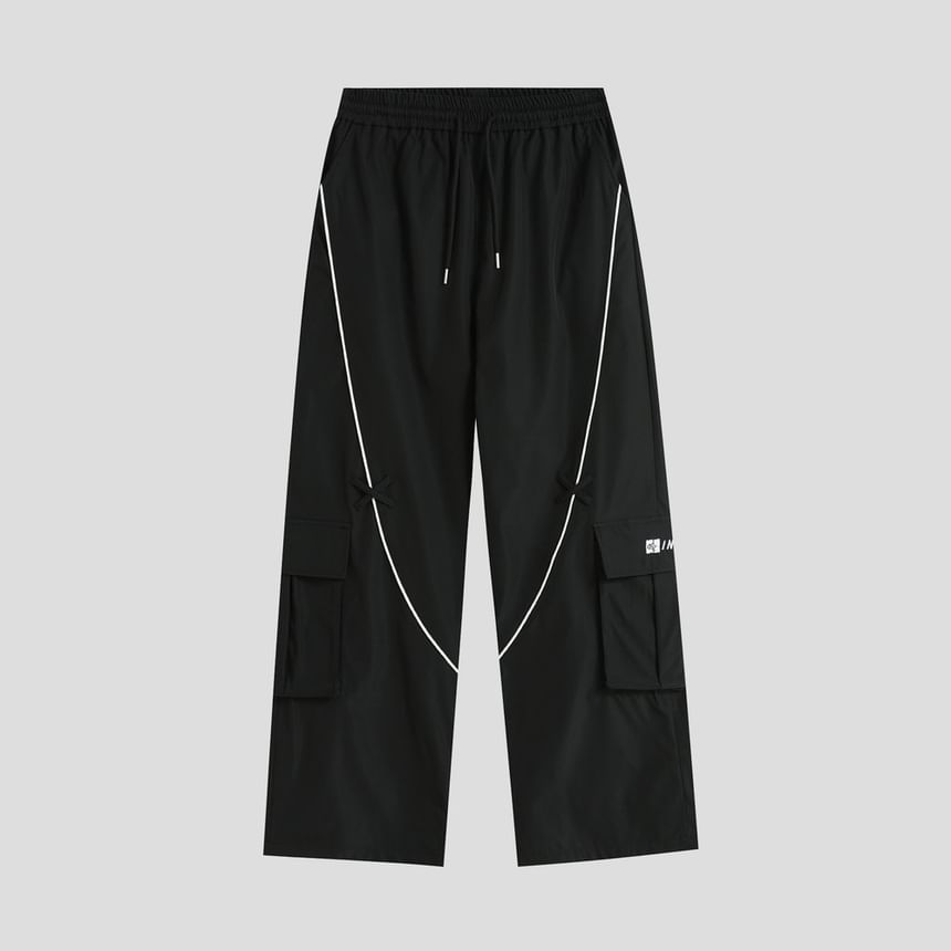 Couple Matching Drawstring Waist Contrast Trim Wide Leg Cargo Pants