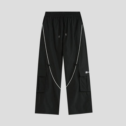 Couple Matching Drawstring Waist Contrast Trim Wide Leg Cargo Pants