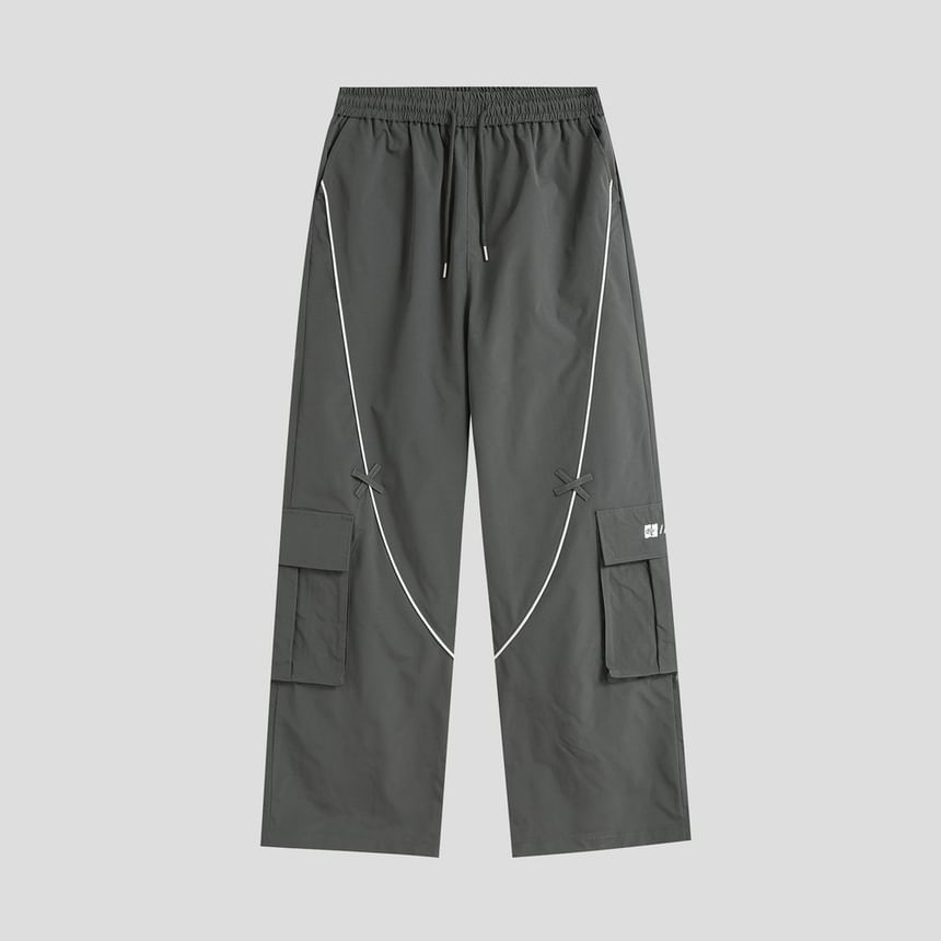 Couple Matching Drawstring Waist Contrast Trim Wide Leg Cargo Pants