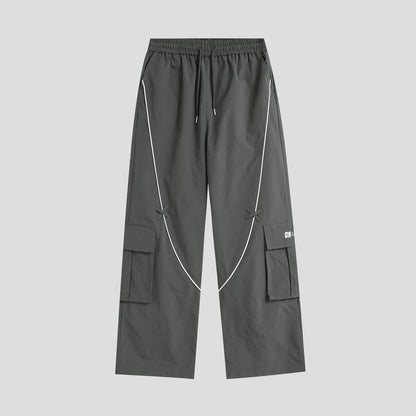 Couple Matching Drawstring Waist Contrast Trim Wide Leg Cargo Pants