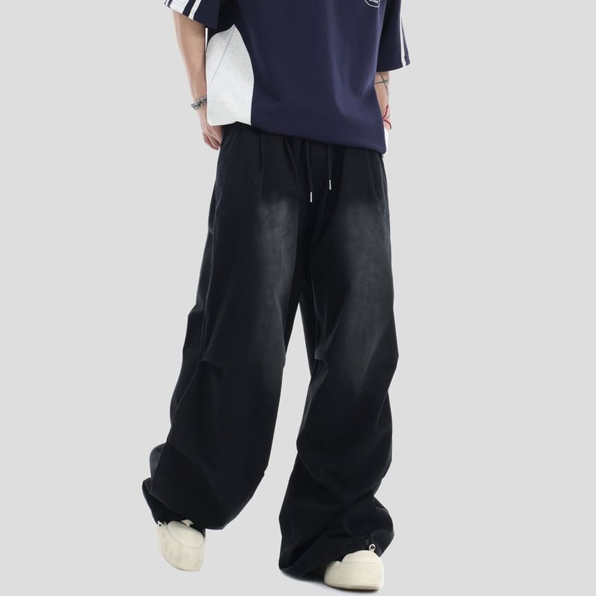 Couple Matching Drawstring Waist Washed Baggy Cargo Pants