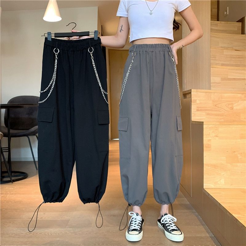 High Rise Plain Drawstring Cargo Baggy Pants / Pants Chain / Set