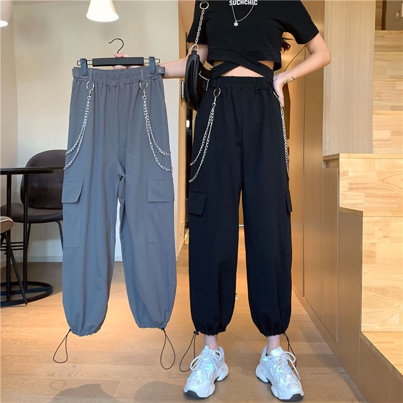 High Rise Plain Drawstring Cargo Baggy Pants / Pants Chain / Set