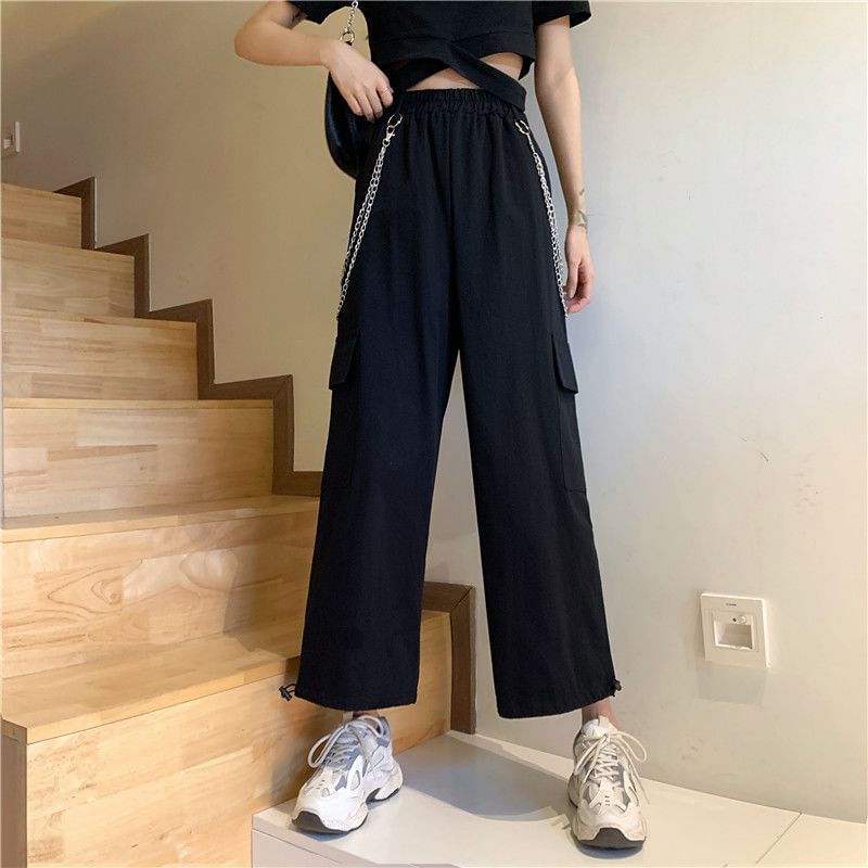 High Rise Plain Drawstring Cargo Baggy Pants / Pants Chain / Set
