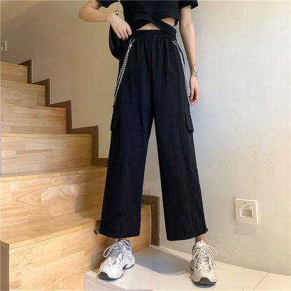 High Rise Plain Drawstring Cargo Baggy Pants / Pants Chain / Set