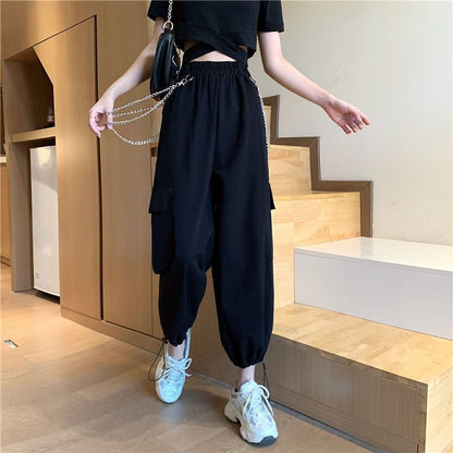 High Rise Plain Drawstring Cargo Baggy Pants / Pants Chain / Set