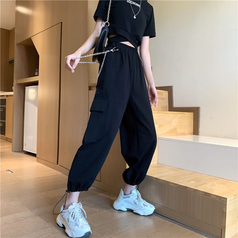 High Rise Plain Drawstring Cargo Baggy Pants / Pants Chain / Set