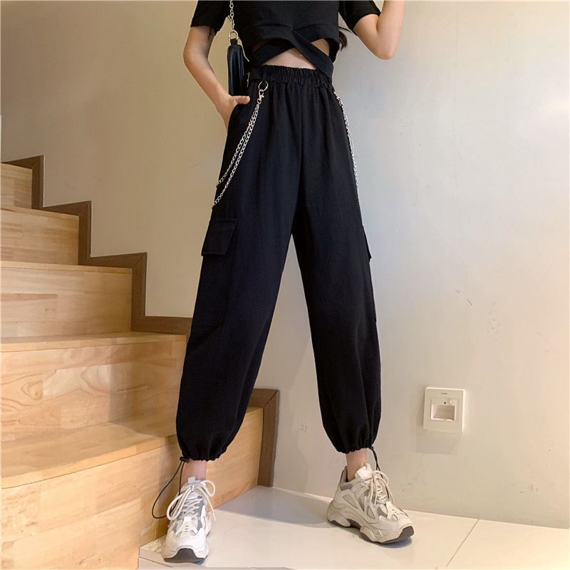 High Rise Plain Drawstring Cargo Baggy Pants / Pants Chain / Set