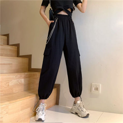 High Rise Plain Drawstring Cargo Baggy Pants / Pants Chain / Set