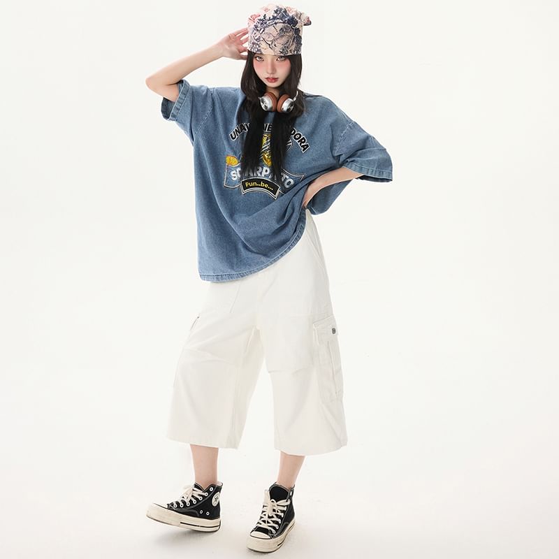 Mid Waist Plain Capri Loose Fit Cargo Pants