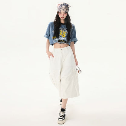 Mid Waist Plain Capri Loose Fit Cargo Pants