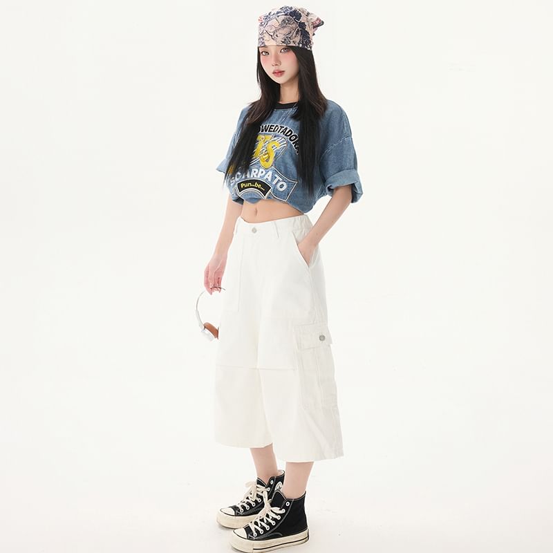 Mid Waist Plain Capri Loose Fit Cargo Pants