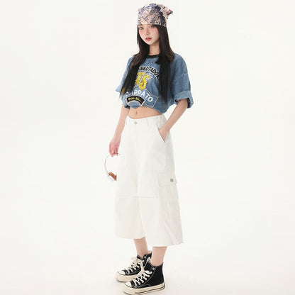Mid Waist Plain Capri Loose Fit Cargo Pants