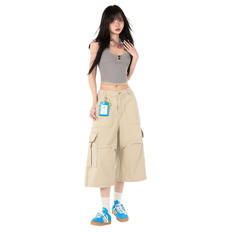 Mid Waist Plain Capri Loose Fit Cargo Pants