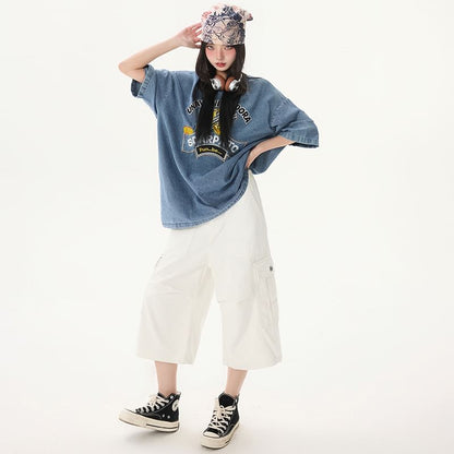 Mid Waist Plain Capri Loose Fit Cargo Pants