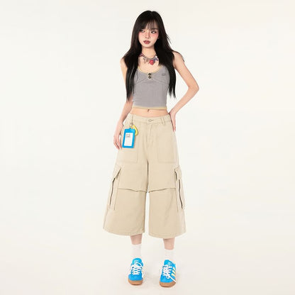 Mid Waist Plain Capri Loose Fit Cargo Pants