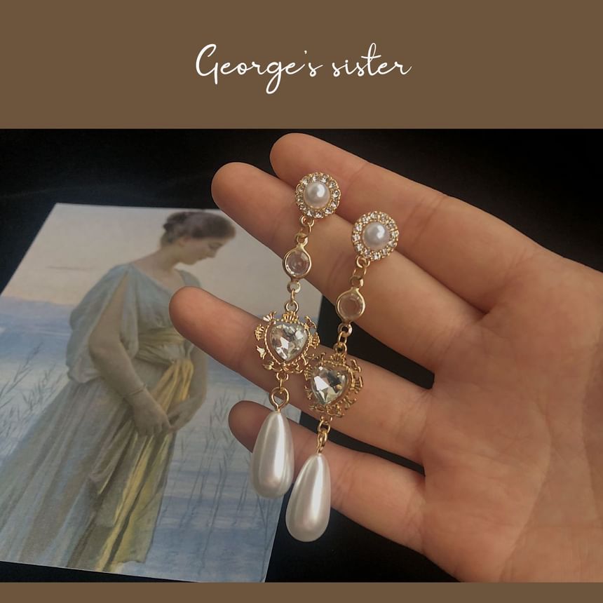 Pearl Heart Earring Alloy Dangle Rhinestone Faux
