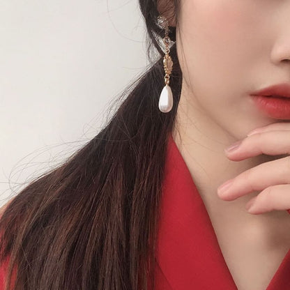 Pearl Heart Earring Alloy Dangle Rhinestone Faux