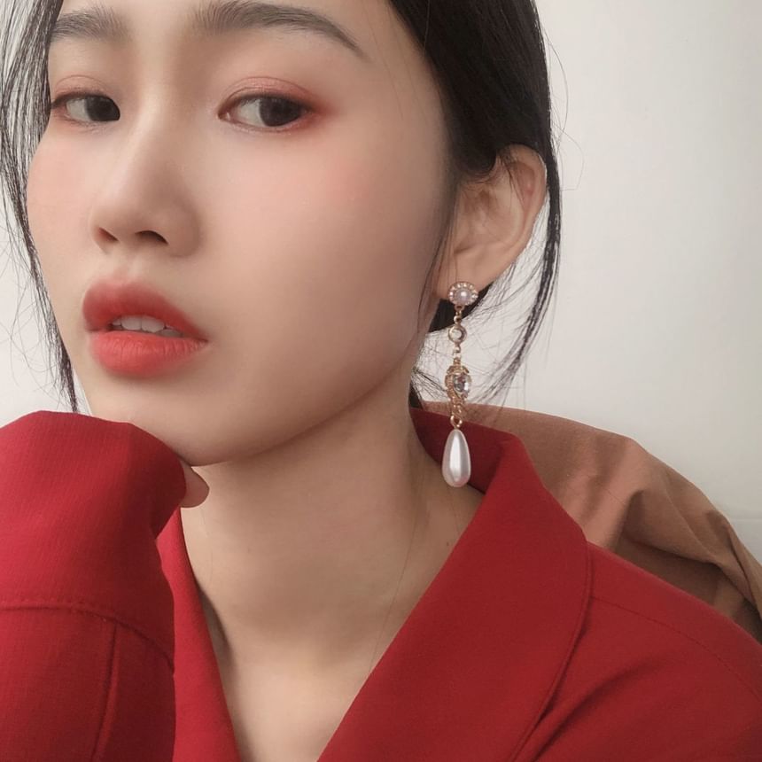 Pearl Heart Earring Alloy Dangle Rhinestone Faux