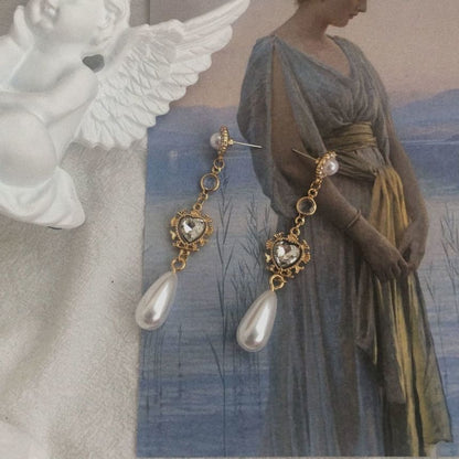Pearl Heart Earring Alloy Dangle Rhinestone Faux