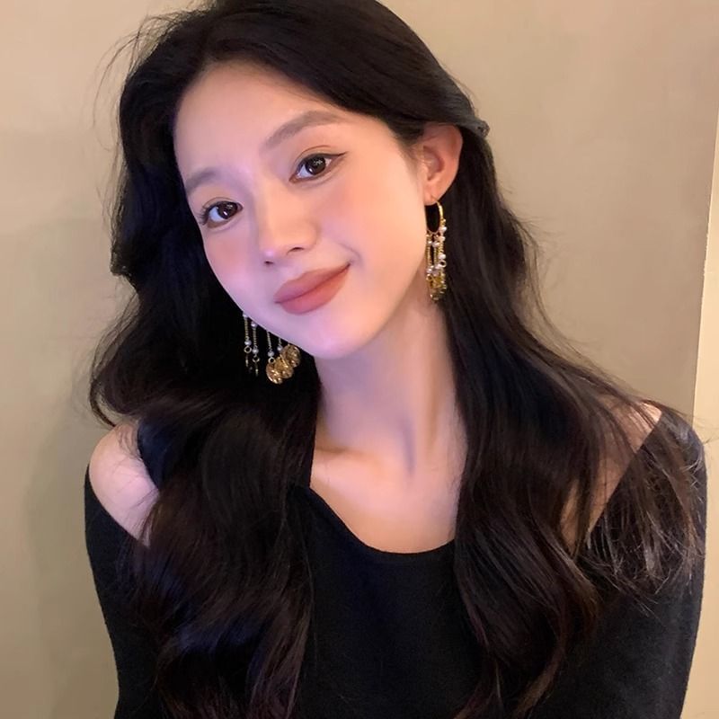 Faux Textured Earring Pearl Alloy Disc Chandelier