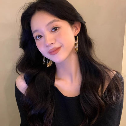 Faux Textured Earring Pearl Alloy Disc Chandelier