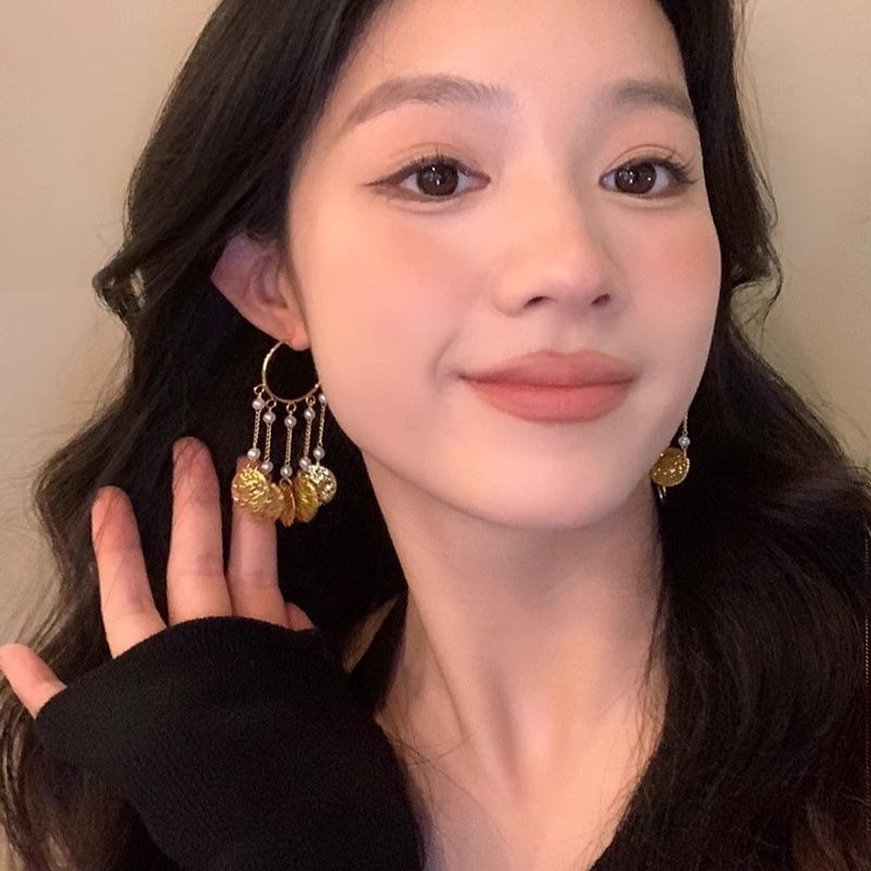 Faux Textured Earring Pearl Alloy Disc Chandelier