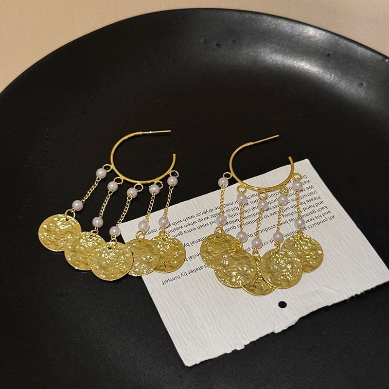 Faux Textured Earring Pearl Alloy Disc Chandelier