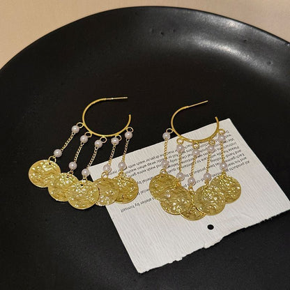 Faux Textured Earring Pearl Alloy Disc Chandelier