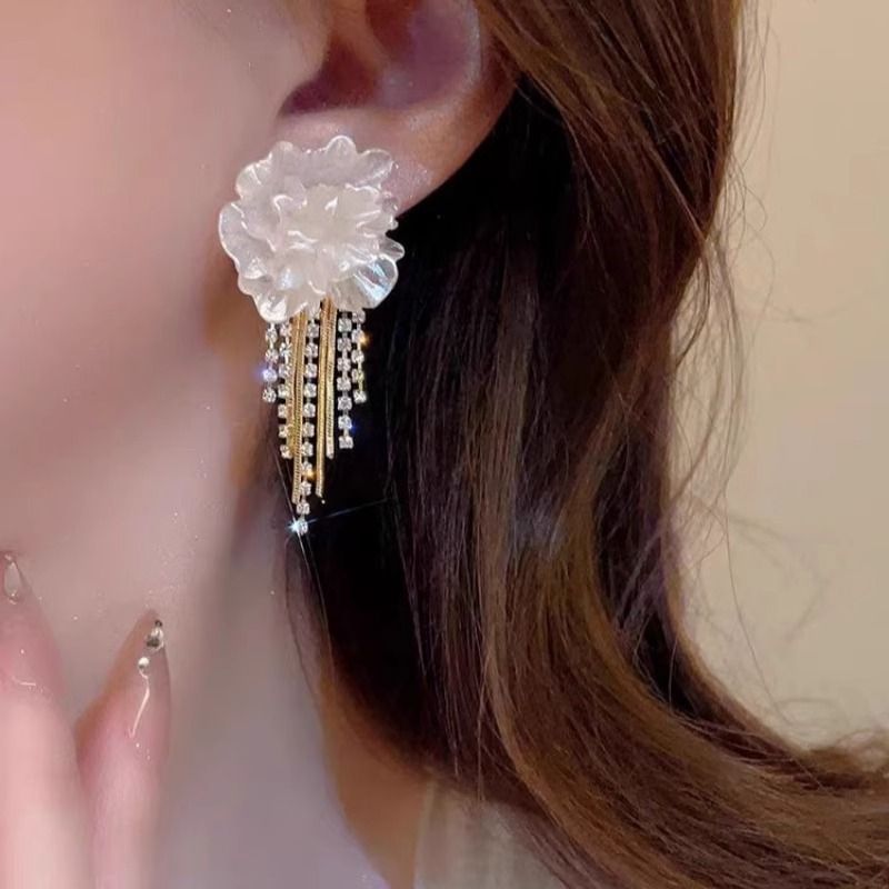 Earring Floral Alloy Rhinestone Fringed
