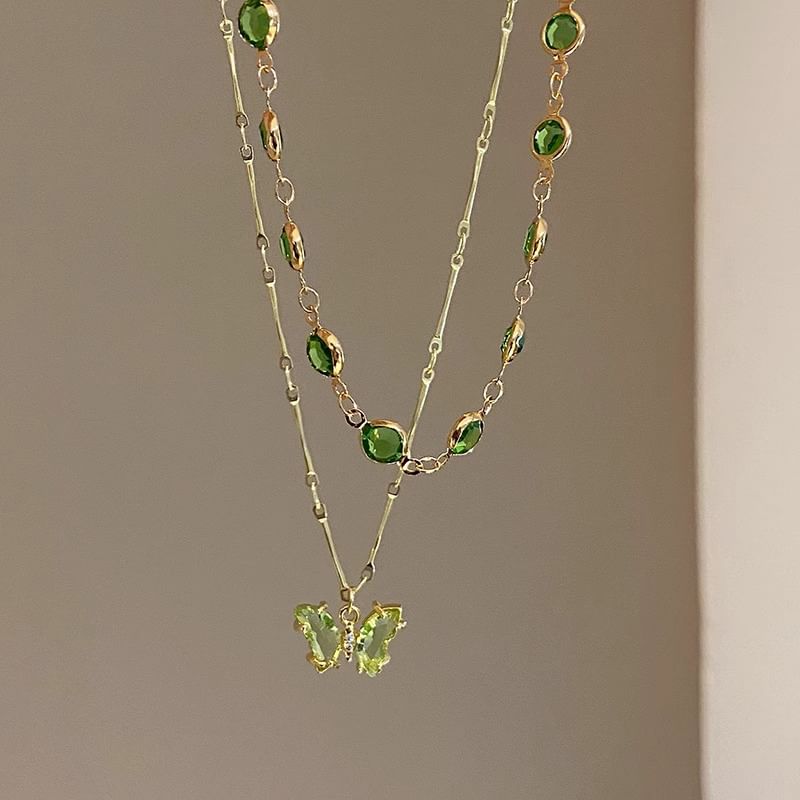 Station Necklace Rhinestone Layered Butterfly