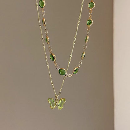 Station Necklace Rhinestone Layered Butterfly