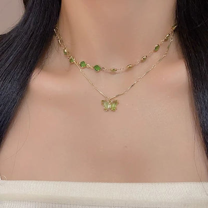 Station Necklace Rhinestone Layered Butterfly