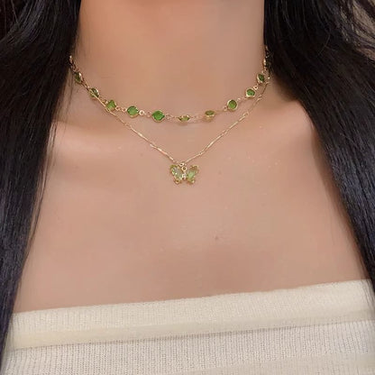 Station Necklace Rhinestone Layered Butterfly