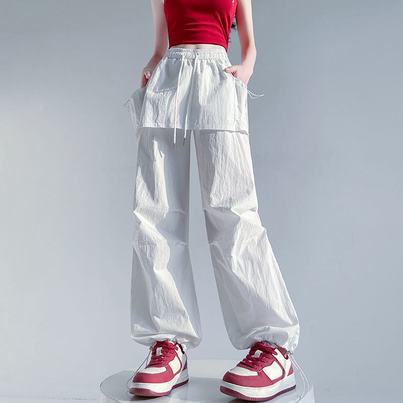 Drawstring Waist Plain Skirt Overlay Wide Leg Cargo Pants