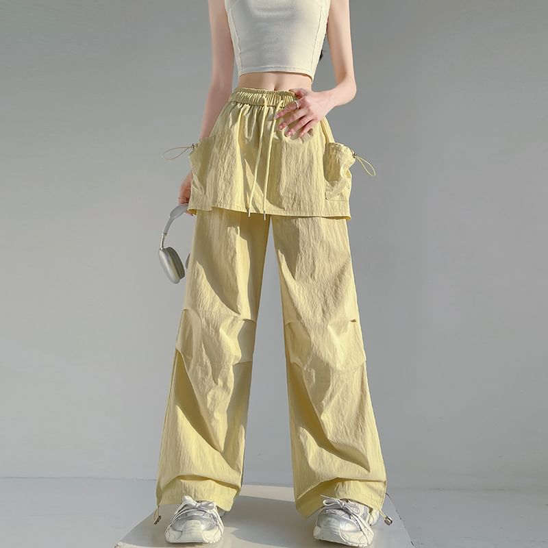 Drawstring Waist Plain Skirt Overlay Wide Leg Cargo Pants