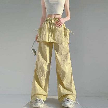 Drawstring Waist Plain Skirt Overlay Wide Leg Cargo Pants