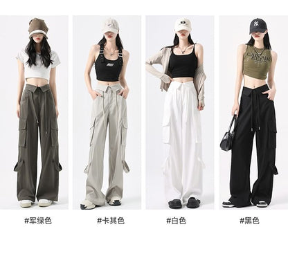 Mid Rise Folded Waistline Plain Wide Leg Cargo Pants