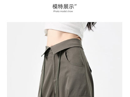 Mid Rise Folded Waistline Plain Wide Leg Cargo Pants