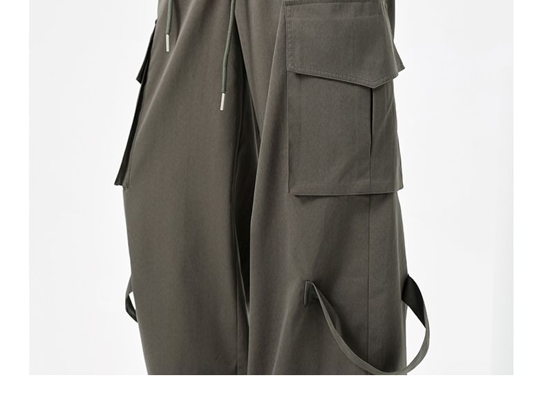 Mid Rise Folded Waistline Plain Wide Leg Cargo Pants