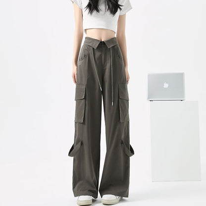 Mid Rise Folded Waistline Plain Wide Leg Cargo Pants
